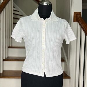 Atelier by KIRIOUS White Textured Knit Button Front Collared Top Size Small